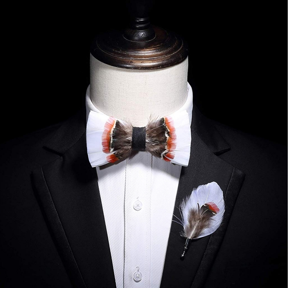 Mens Natural Feather Pre Tied Bow Tie & Lapel Pin